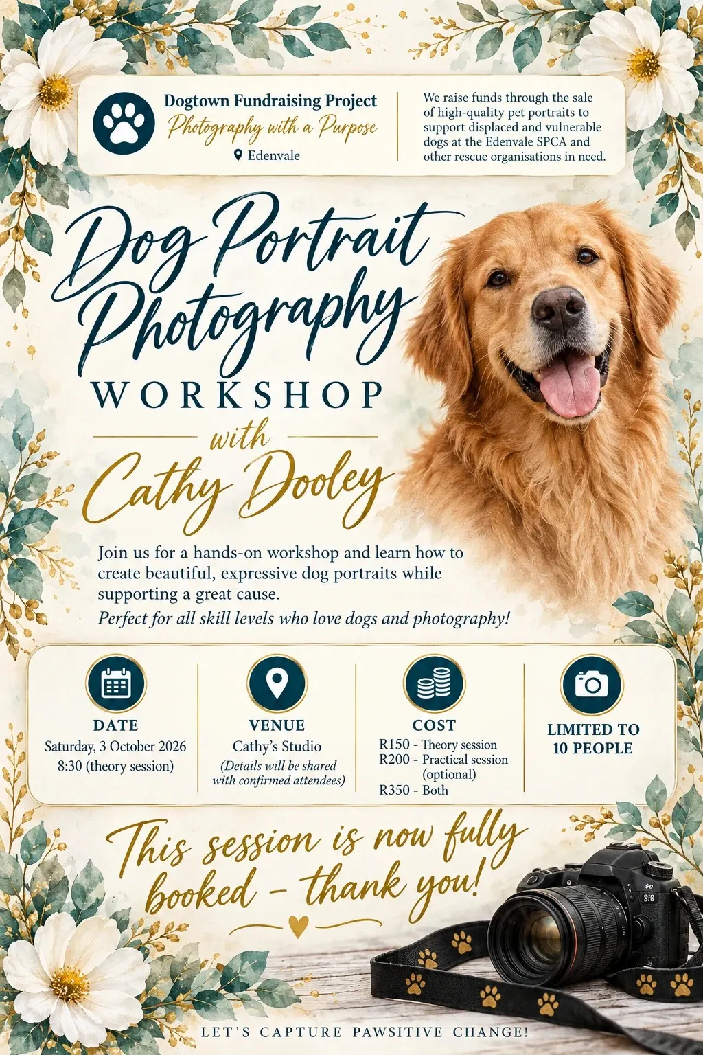 Poster for the dog portrait photography workshop with Cathy Dooley, Saturday 3 October 2026 at 8:30. Fully booked.