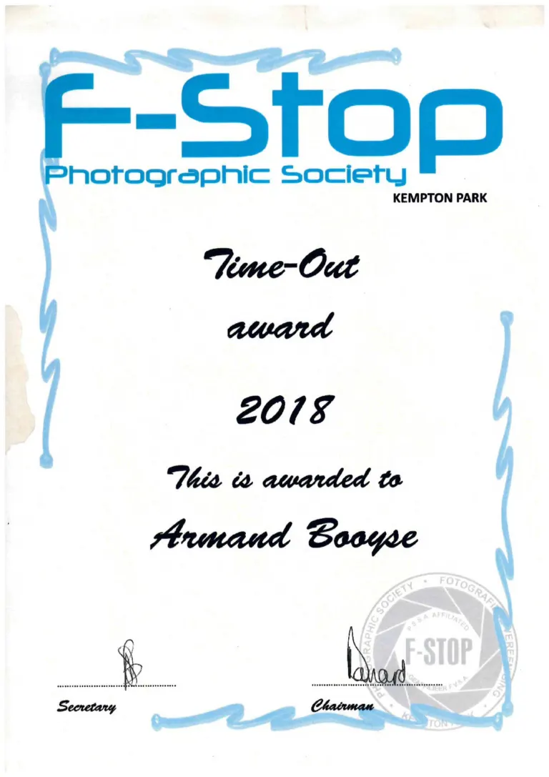 Certificate: Time-Out award - Armand Booyse