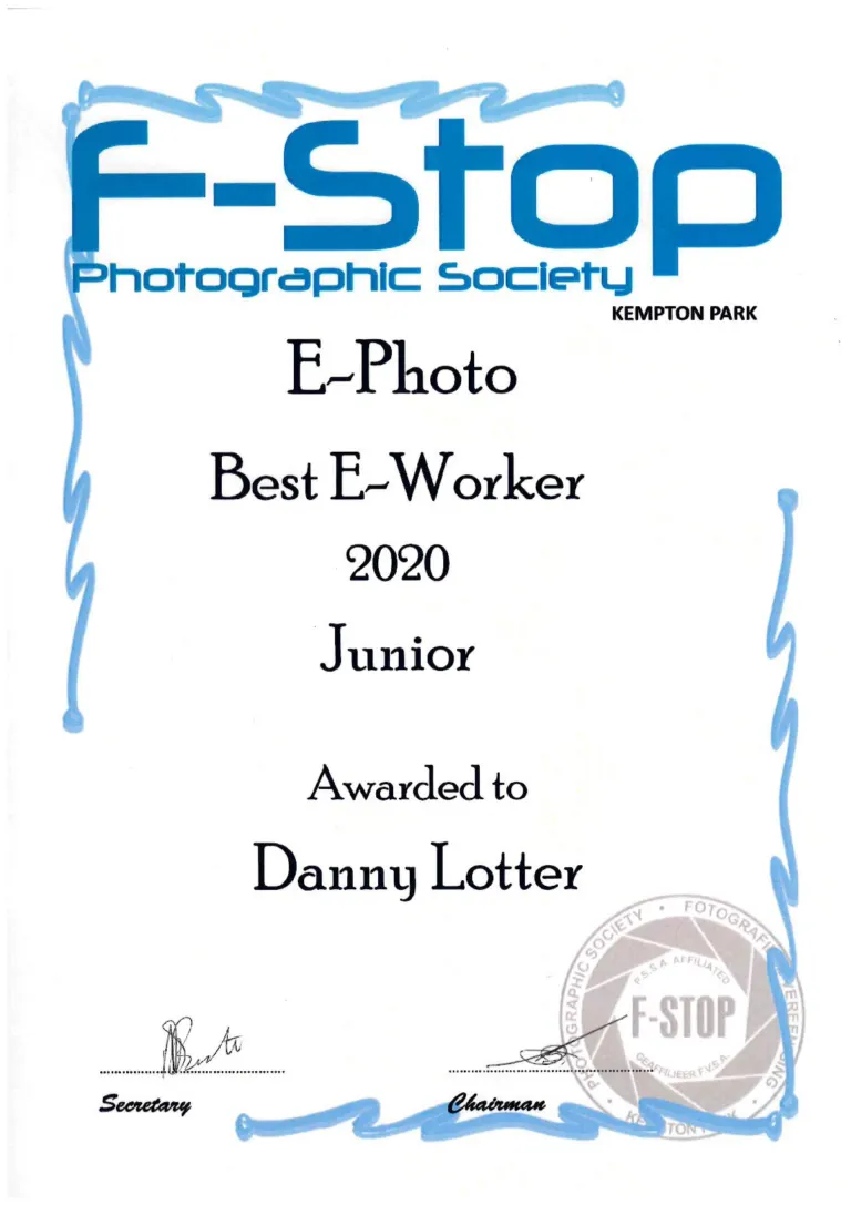 Certificate: Best E-Worker, Junior - Danny Lotter