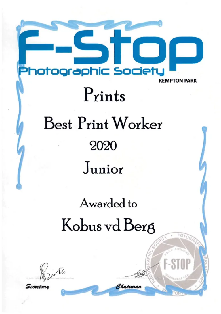Certificate: Best Print Worker, Junior - Kobus vd Berg