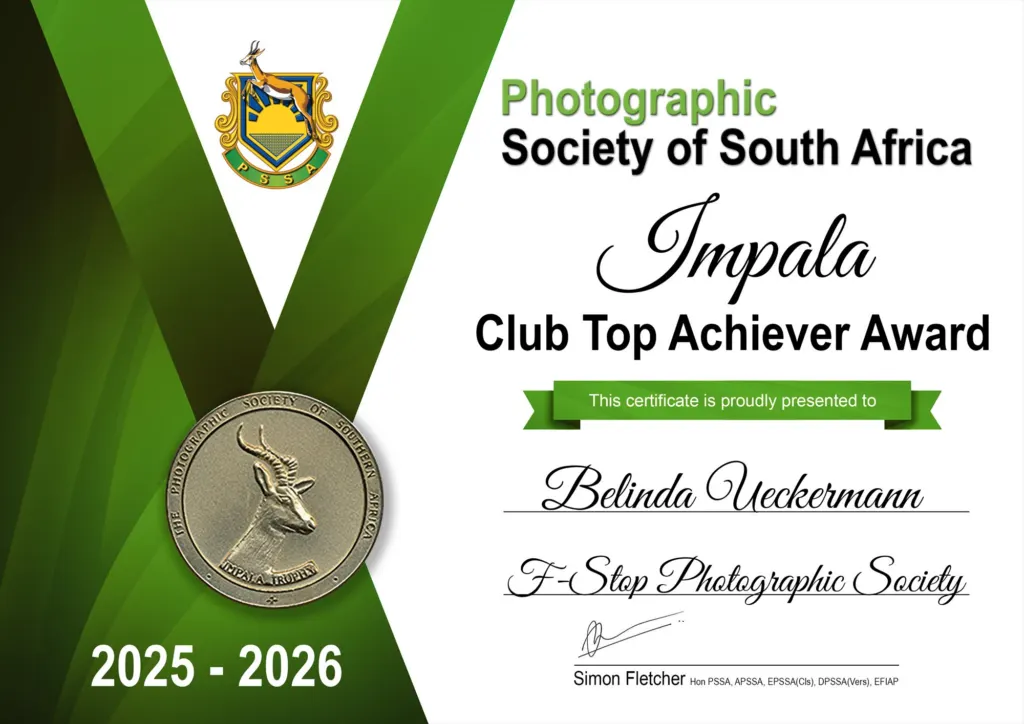 PSSA Impala Club Top Achiever Award 2025-2026 certificate for Belinda Ueckermann, F-Stop Photographic Society