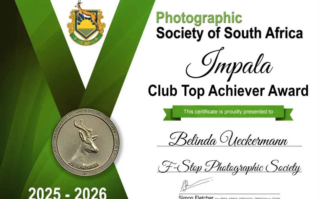 PSSA Impala Club Top Achiever Award 2025-2026 certificate for Belinda Ueckermann, F-Stop Photographic Society