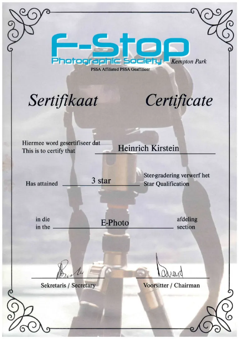 Certificate: 3 Star qualification, E-Photo - Heinrich Kirstein