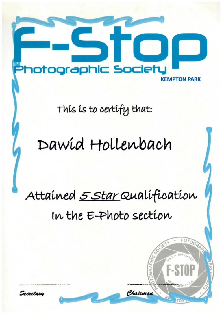 Certificate: 5 Star qualification, E-Photo - Dawid Hollenbach